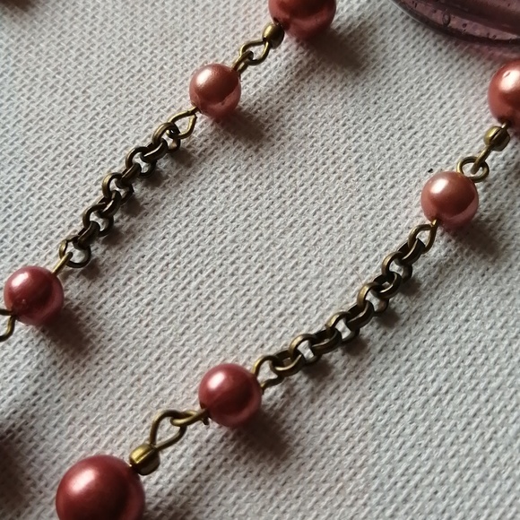 Vintage Art Glass Necklace Purple Pink Faux Pearl Beaded Bronze Chain - Picture 5 of 6
